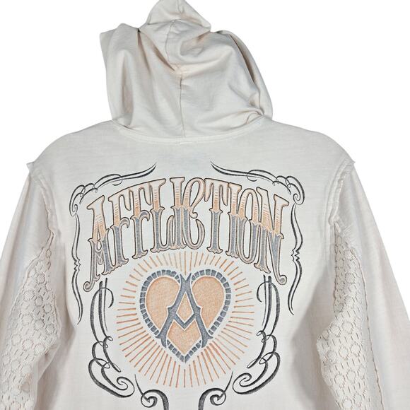 Affliction Hoodie Women Large White Graphic Lace Panel Full Zip American Custom - Picture 9 of 11
